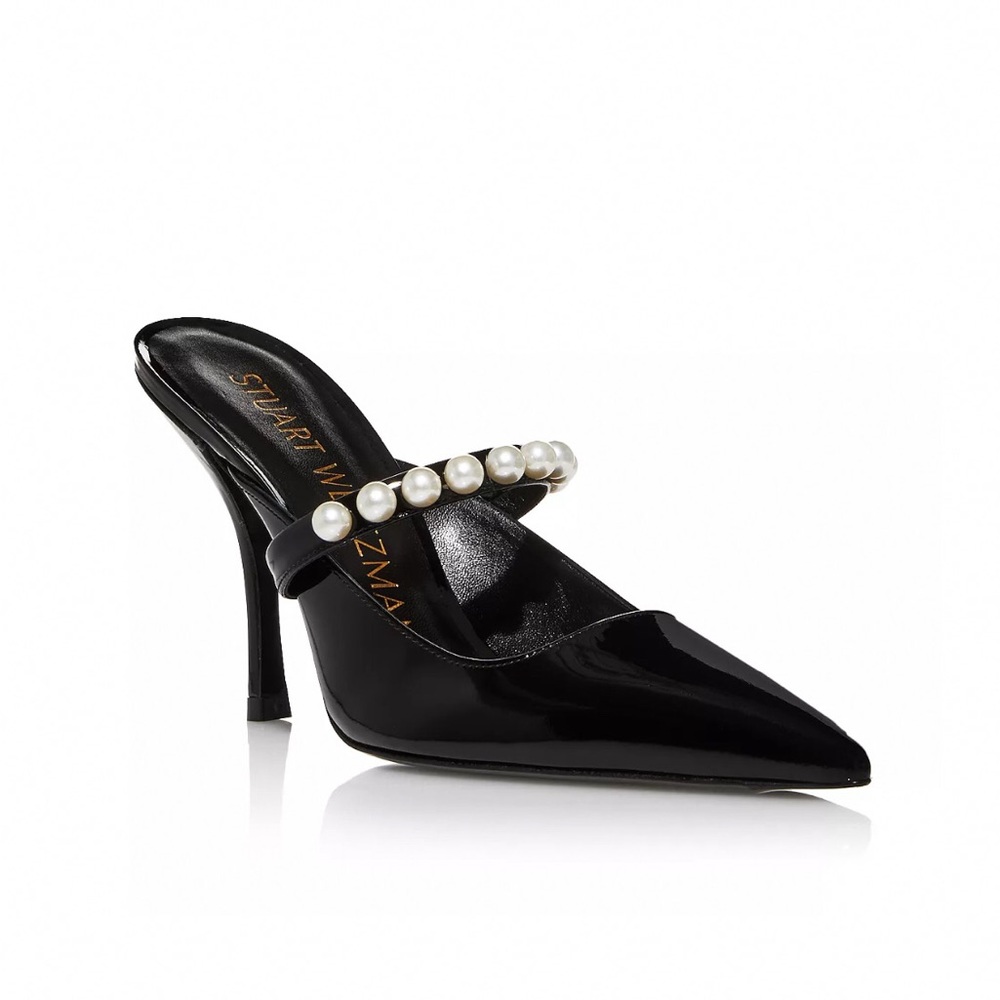 Stuart Weitzman Goldie 100 Pointed Toe Pearl Embellished High Heel Mule Pumps